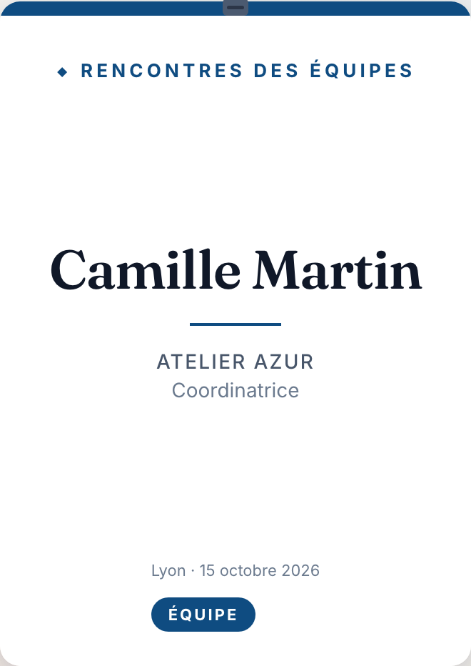 Aperçu numérique du badge Congrès de Camille Martin pour les Rencontres des équipes, catégorie Équipe.